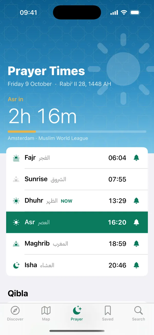 Prayer times & Qibla
